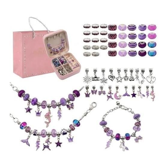 Accessory Kit Bracelet Making 80 Piece Set with Gift Box Stylish Charm Bead Play Birthday Present Gift (Purple)