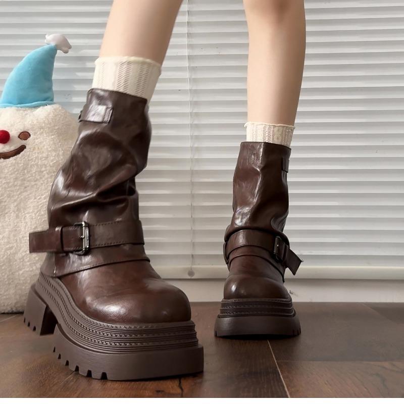 Black Small Rubber Square Heel Medium Heel Women's New Winter Retro Trouser Boots Versatile Fashion Boots