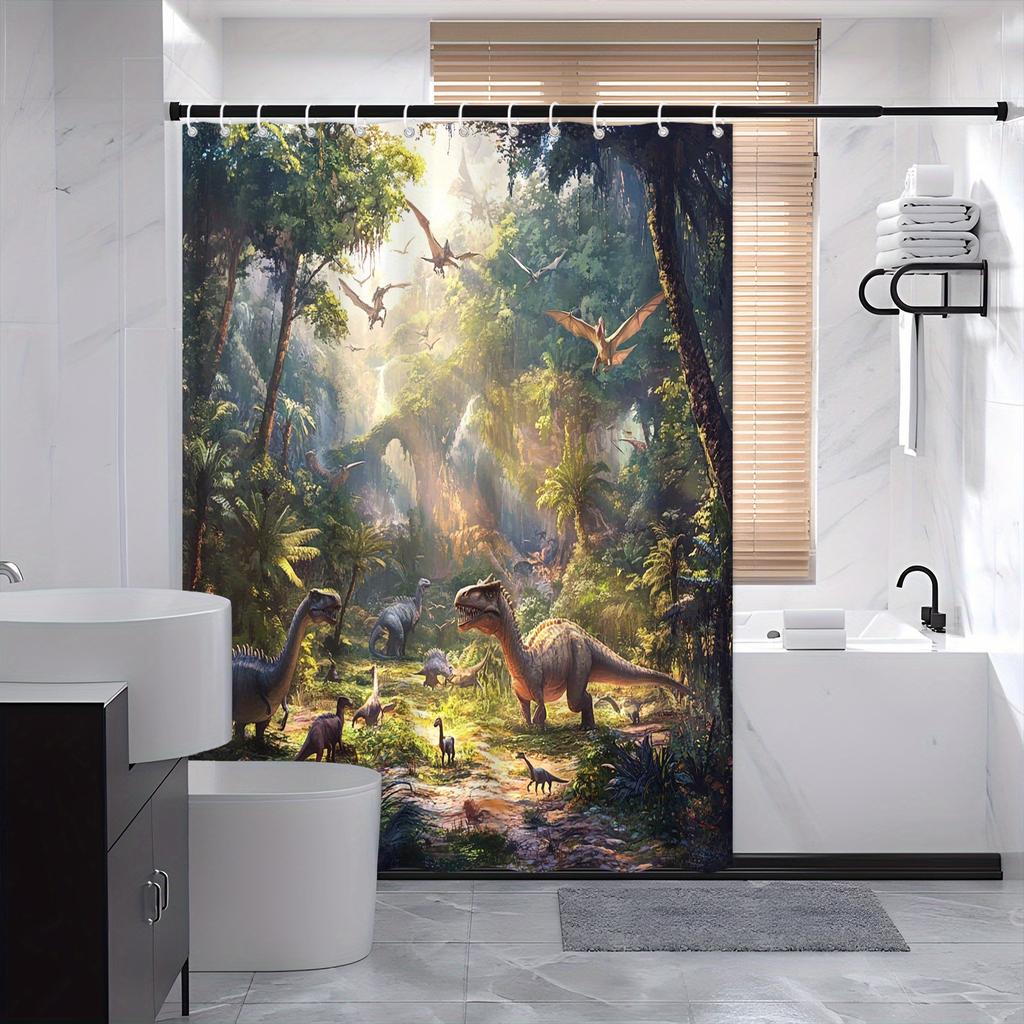 Prehistoric Jungle Dinosaur Shower Curtain - 70.8x70.8In, Polyester,  Vivid Lush Landscape with Pterosaurs, Fashion Bath Deco