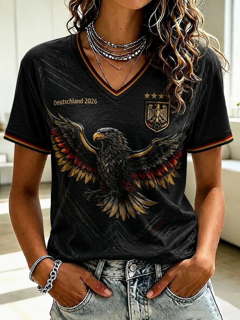 NEW Germany Football V Neck T Shirt  Black Red Yellow German Flag Sleeve Casual Sport Short Sleeve Jersey Tops Family Matching