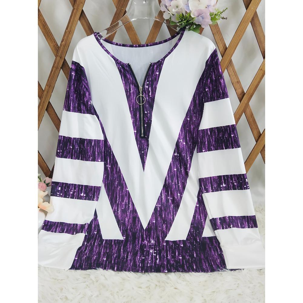 Autumn and winter extension color matching striped printing zipper T-shirt casual long-sleeved top large size women's clothing