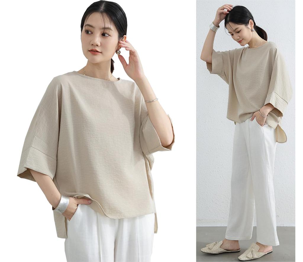 Dolman Summer Short Loose Body Cut and Summer Elegant [fourfivesixharu] Women's Blouse, Sleeve, Top, T-Shirt, Sleeve, 5/8 Sleeve, Fit, Pullover,