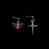 Punk Gothic Sliver Color Stainless Steel Cross Red Moth Skull Asymmetry Dangle Earrings for Women Hallowmas Party Jewelry Gifts