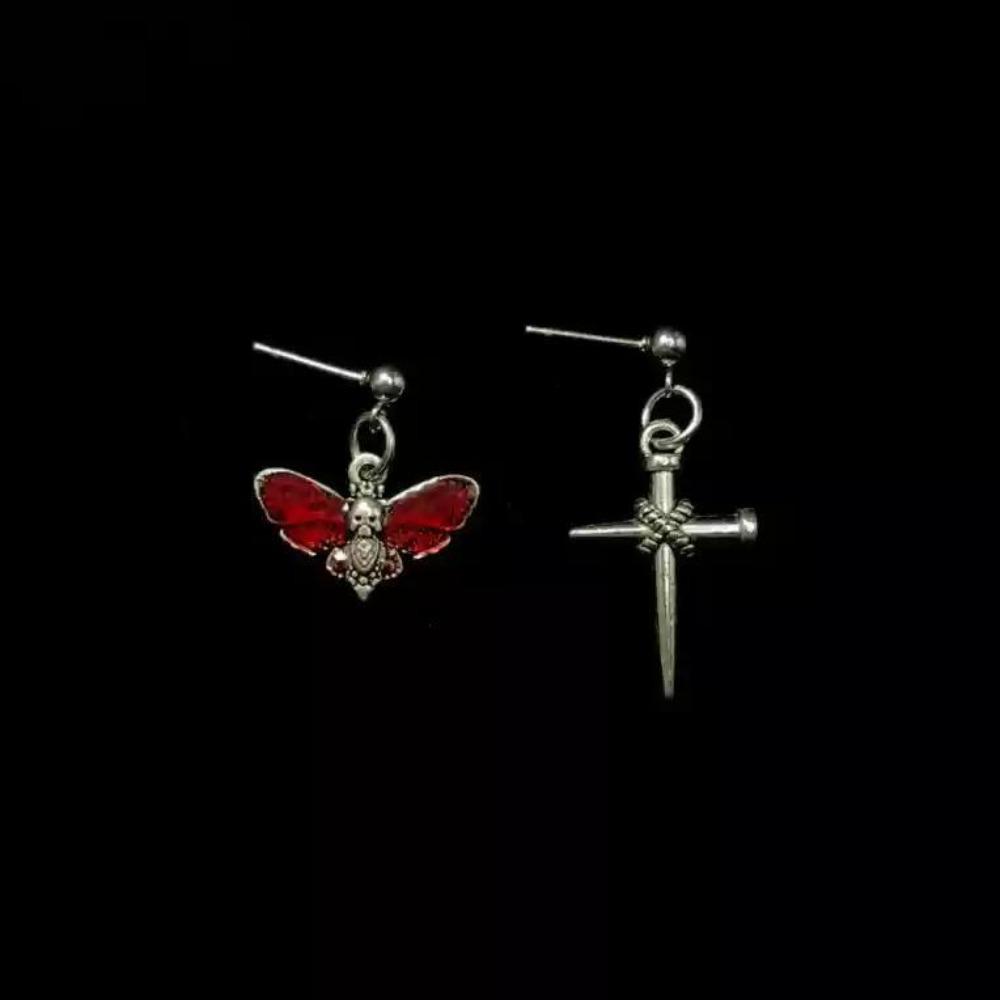 Punk Gothic Sliver Color Stainless Steel Cross Red Moth Skull Asymmetry Dangle Earrings for Women Hallowmas Party Jewelry Gifts
