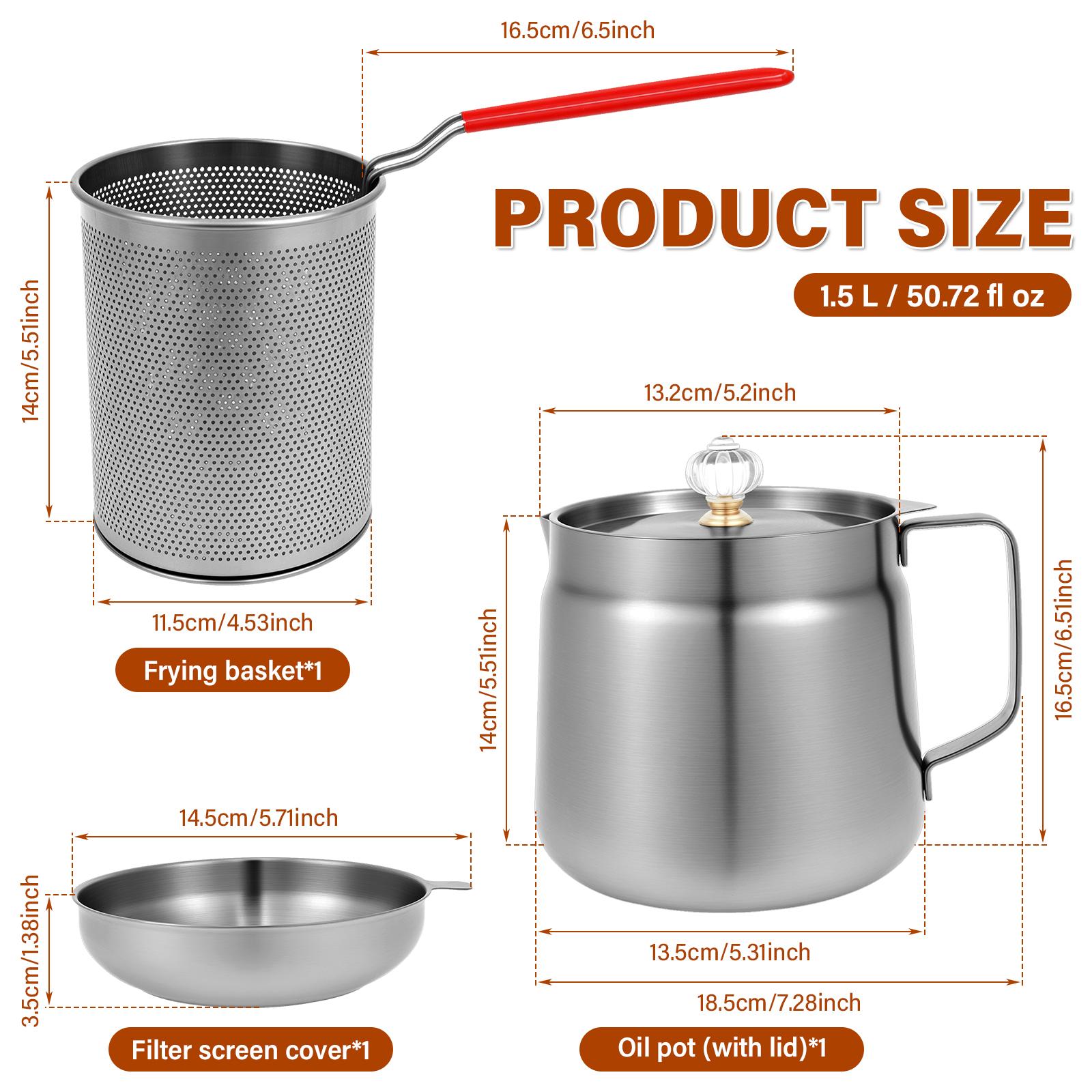 

1.5/2L Stainless Steel Oil Filter Pot 3 In 1 Oil Strainer Pot with Deep Fryer Basket and Strainer Kitchen Bacon Grease Container