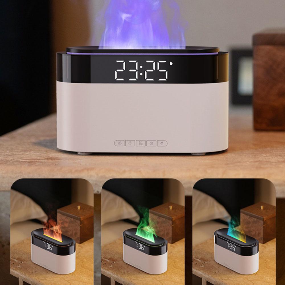 Flame aroma diffuser with LED digital clock color changing mood light and smart remote control for home office desktop use