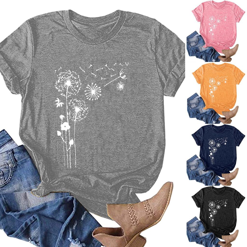 Women Fashion Flower Printing O-Neck Short T-Shirt Loose Blouse Top Shirt