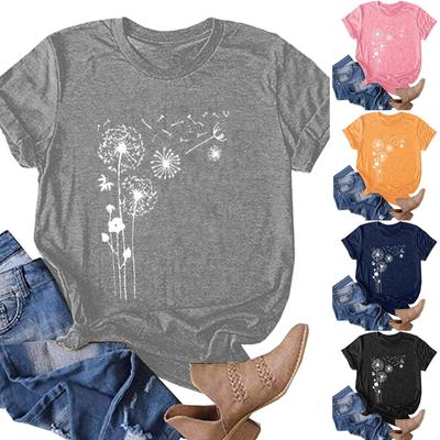 Women Fashion Flower Printing O-Neck Short T-Shirt Loose Blouse Top Shirt