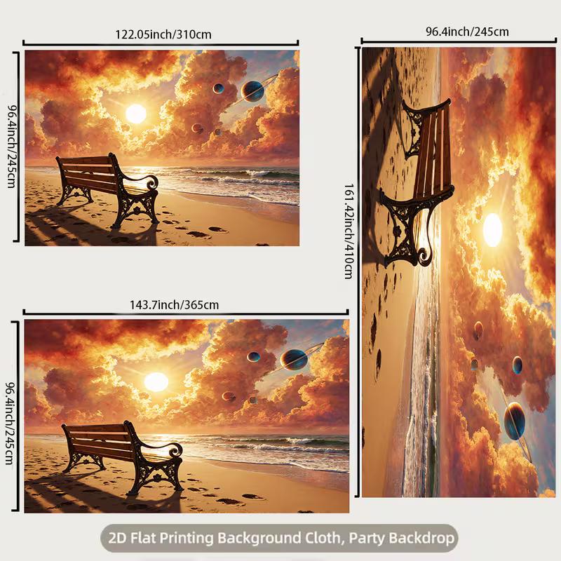 2D Beach Bench Sunset Backdrop Cosmic Planets Photography Background