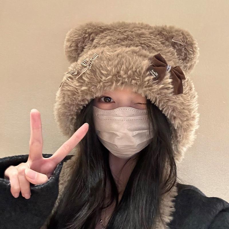 

Зимова тепла в язана шапка-біні з вушками ведмедика та бантом, що струмчить, для схуднення обличчя, плюшева шапка A2