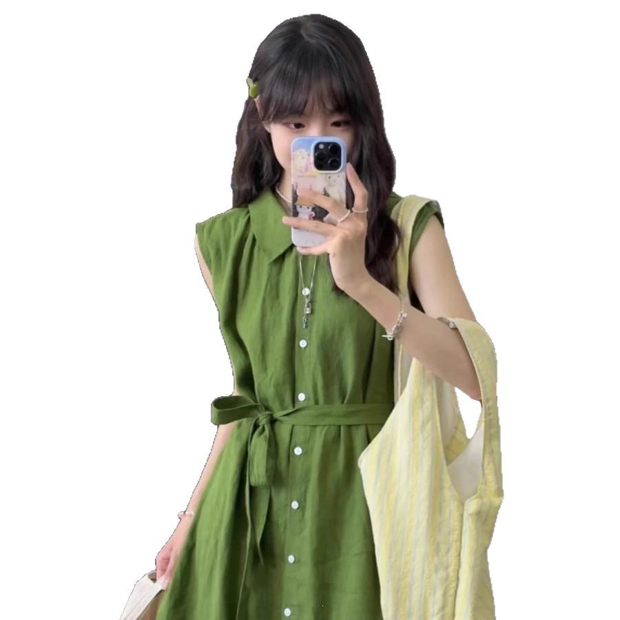 Retro literary green shirt sleeveless dress women's simple casual summer comfortable relaxed atmosphere long skirt