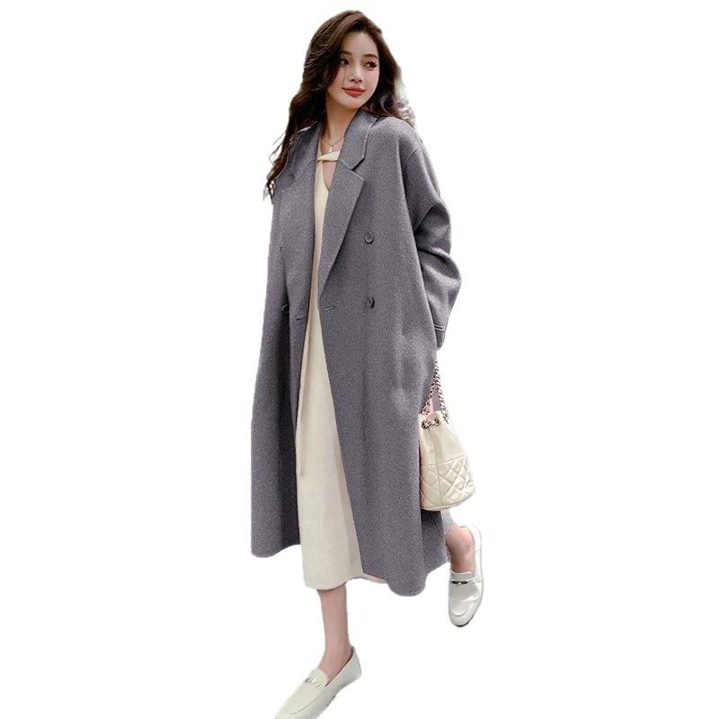 Fioletowy dwustronny płaszcz aksamitny dla kobiet jesień i zima nowy styl koreański średniej długości luźny wełniany płaszcz do kolan