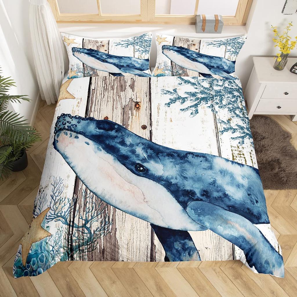 3D Wal King Queen Bettbezug Marine Life Bettwäsche Set Teal Meerestier Quiltbezug Ozean Nautischer Polyester Bettbezug