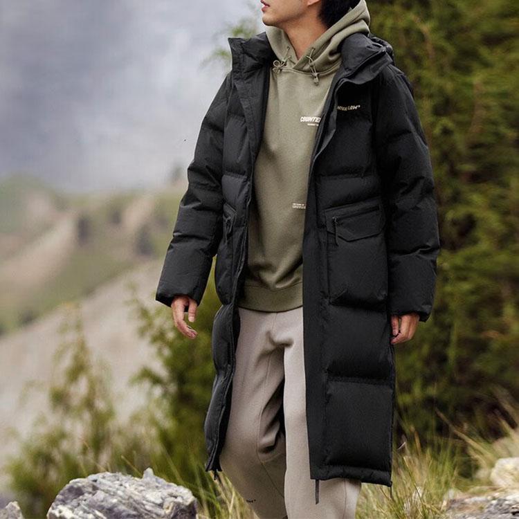 Li Ning CF Adventure Series Solid Color Long Hooded Down Jacket Men Outerwear Black AYMT395-1