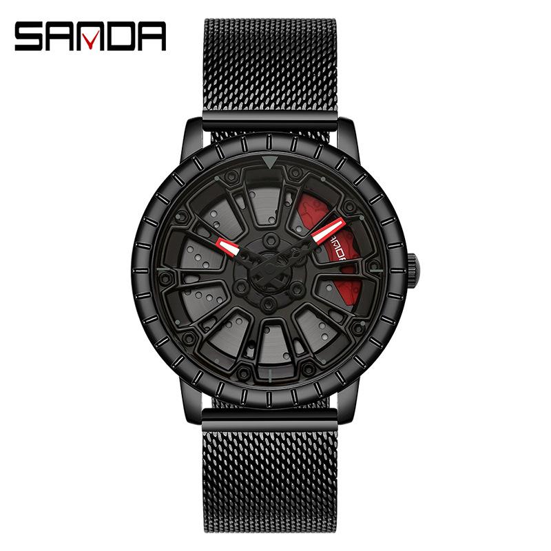 Sanda Men's Creative Rotating Quartz Wristwatch with Mesh Strap