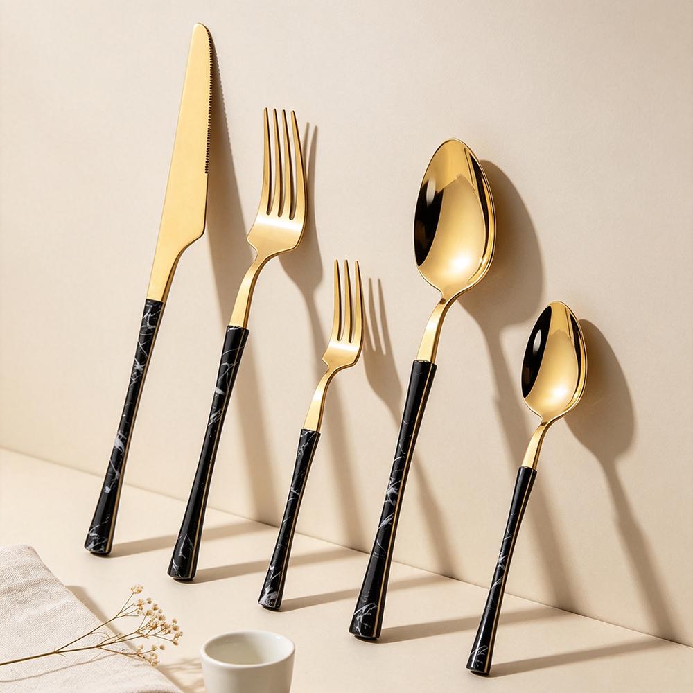 5Pcs Imitation Wooden Handle Dinnerware Cutlery Set Stainless Steel Tableware Western Knife Fork Spoons Silverware Flatware