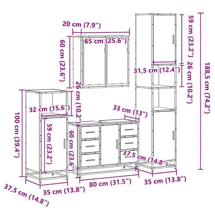VidaXL Ensemble meubles salle de bain 4 pcs chêne fumé bois ingénierie, armoire de salle de bain, armoire de rangement de 3301202