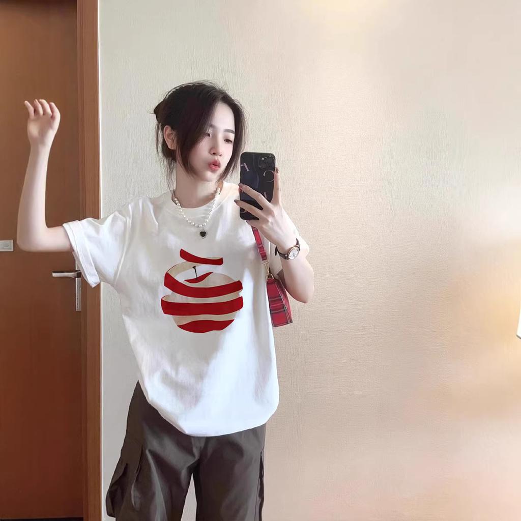 White cotton apple short-sleeved t-shirt women's summer new design sense niche front shoulder loose large size half-sleeved top trendy