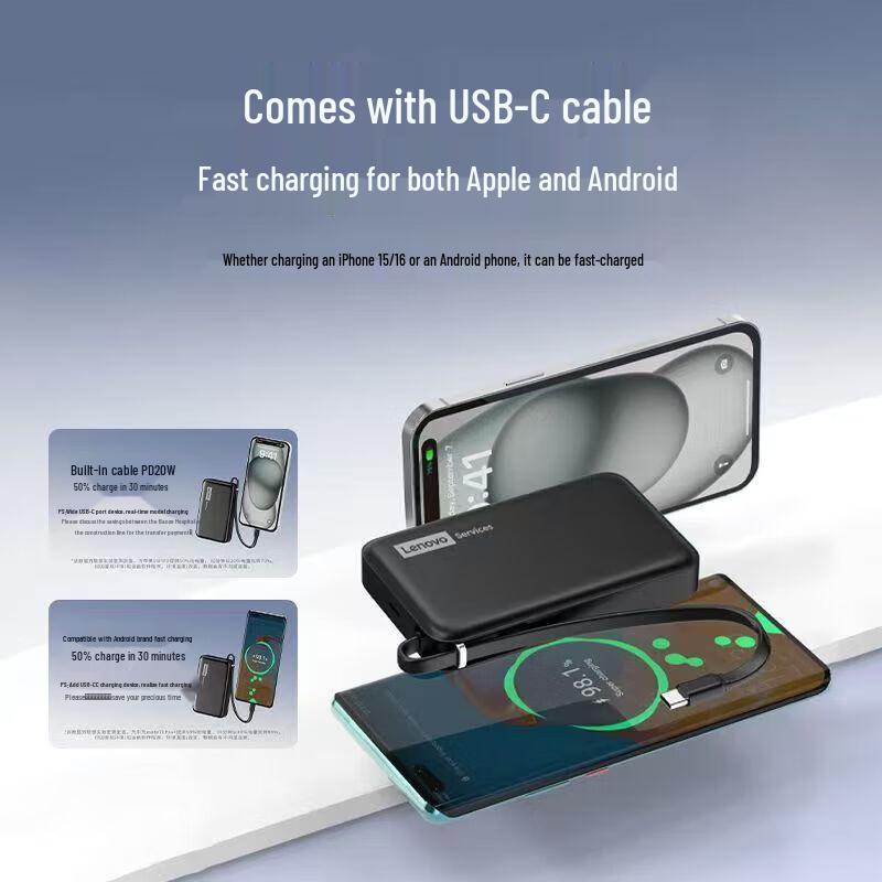 Lenovo LS102 10000mAh 22.5W Fast Charging Power Bank with Built-in Cable