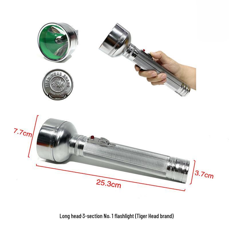 Nostalgic Tinplate Tiger Head Flashlight, Old-Fashioned 2-Cell/3-Cell, Small Household Warm Light, King Gold.