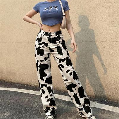 Jeans Stampati Mucca Animalier Vita Alta Streetwear Pantaloni Denim Gotici Dritti Moda Coreana Nuovi Fondi Larghi Autunno