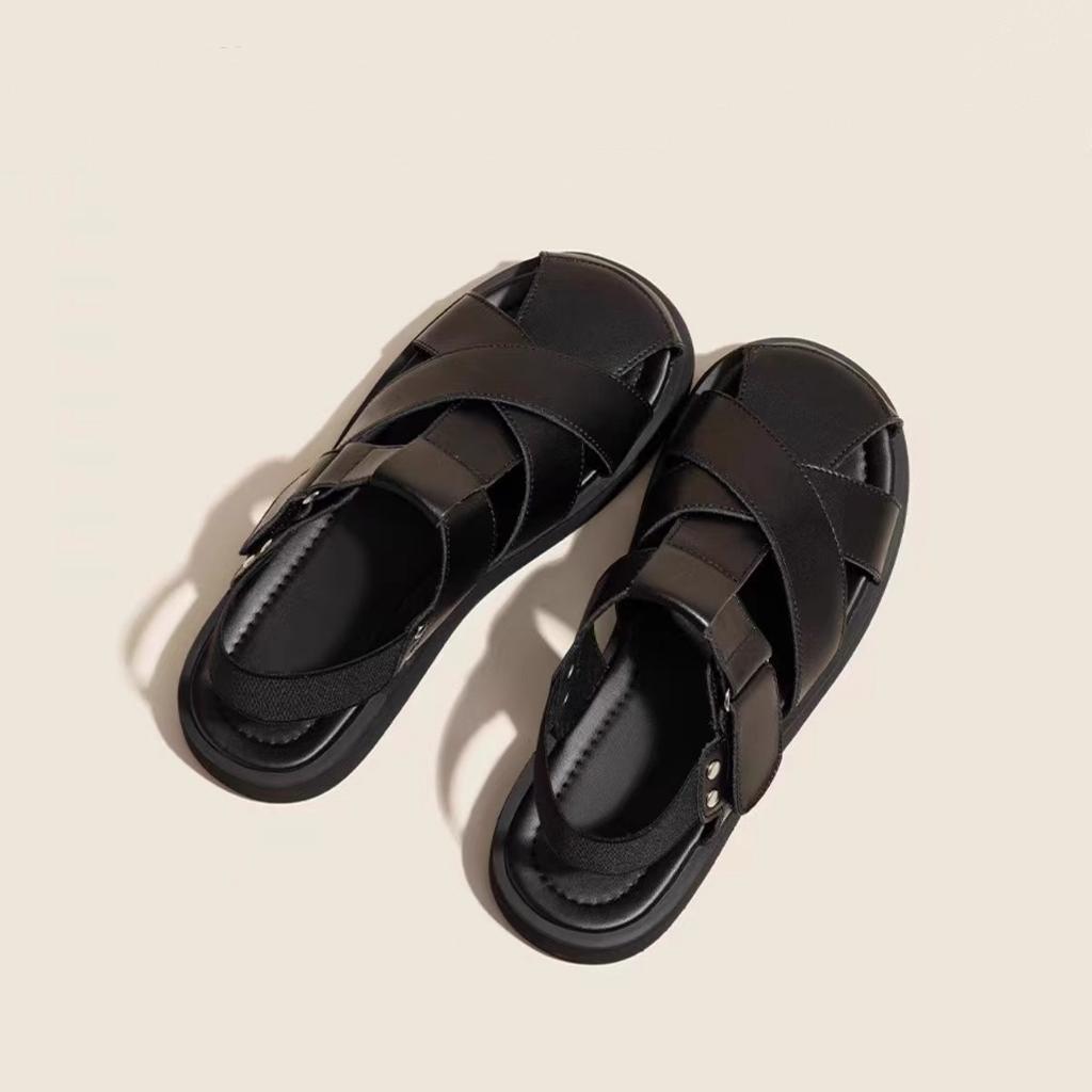 2025 Summer New Baotou Hollow Woven Pig Cage Roman Sandals Women's Design Sense Niche Velcro Versatile