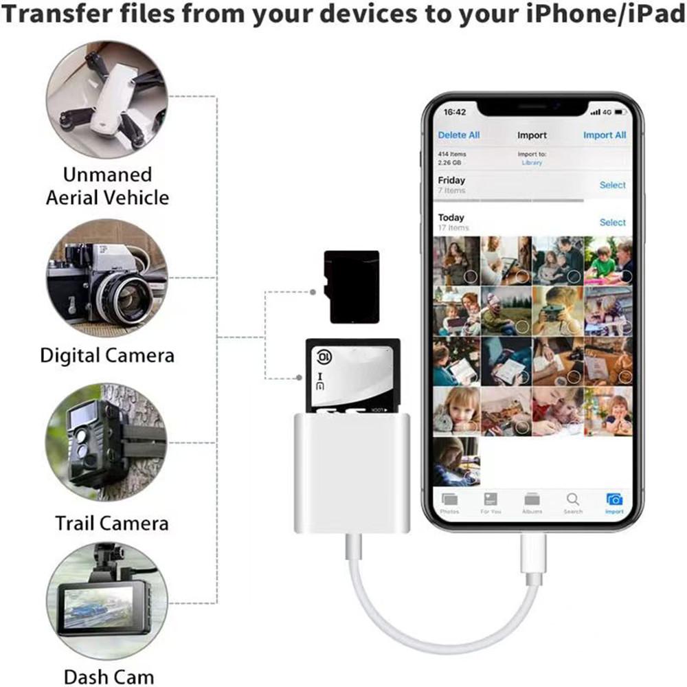 2 In 1 Lightning to SD/TF Card Reader Fast Data Transfer Compatible with Ios, No App Required