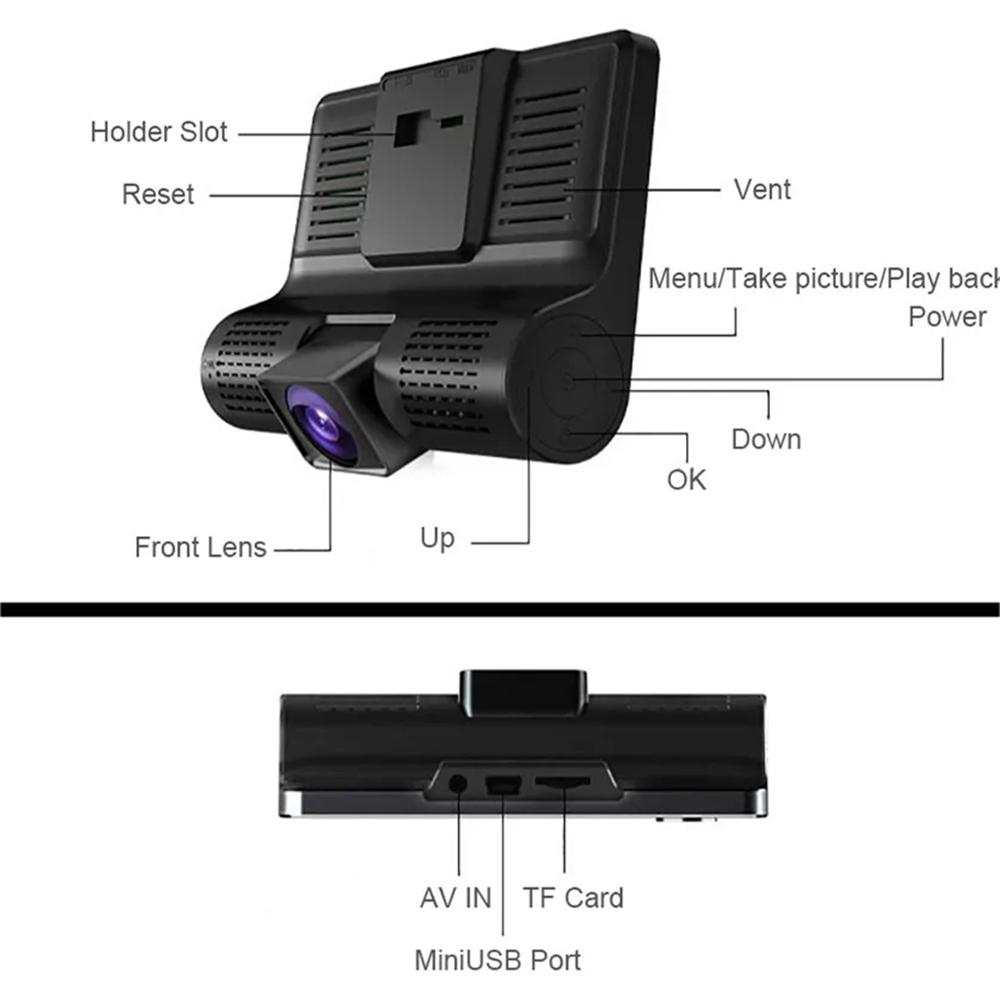 4inch Three Lens HD Dash Cam Night Vision Touch Screen Wide Angle Reversing DVR G-Sensor GPS Navigation Dashboard Video Recorder