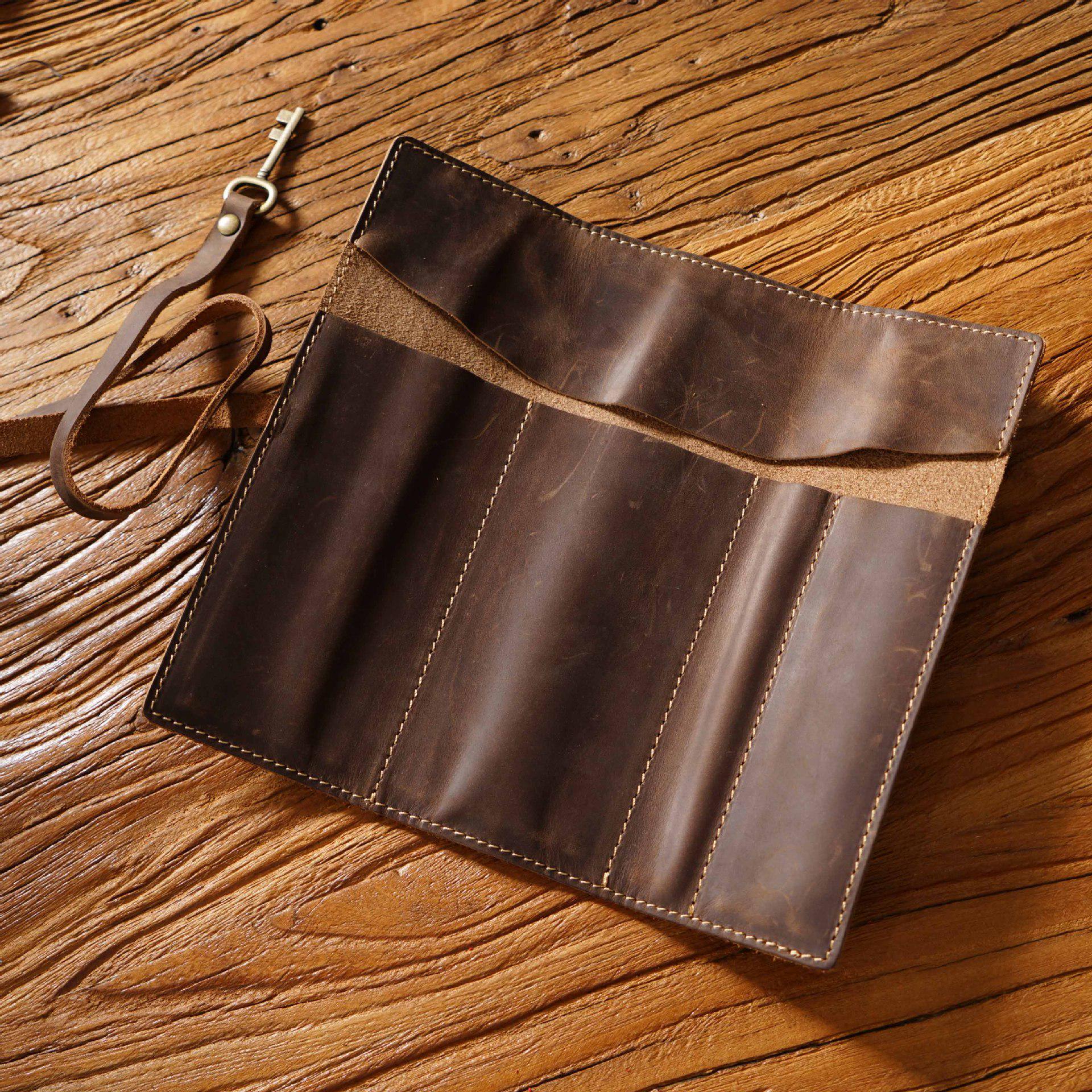 

Vintage Genuine Leather Cowhide Pencil Roll Case - Simple, Multifunctional Roll-Up Pouch