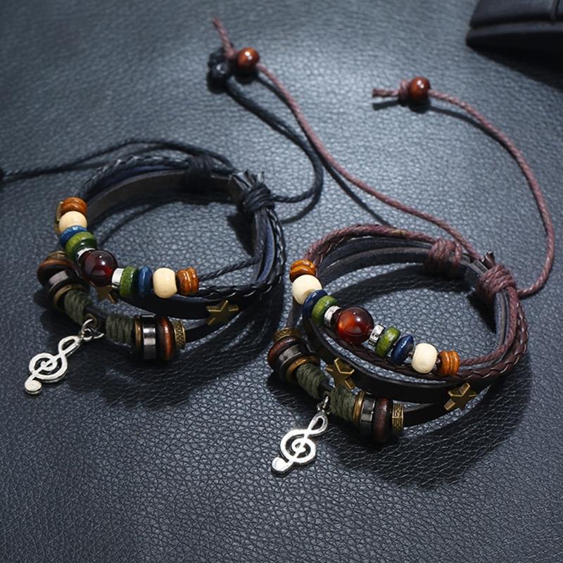 Multilayer Leather Bracelet Handmade Beaded Bracelet Musical Note Bracelet Vintage Hollow Star Bracelet (Multicolor)