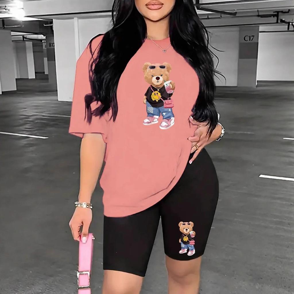 Bear standard size European and American women's clothing lip printing T-shirt shorts set sports suit