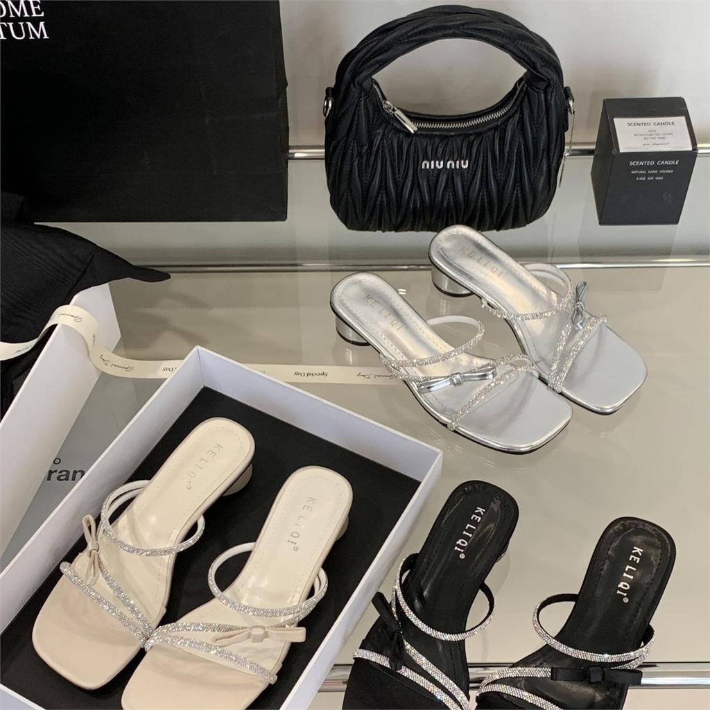 Fashion Slippers Women Summer Shoes Slides Jelly Flip Flops Fashion Square Heel Glitter Luxury Block Scandals Crystal Glitter Slides Sho