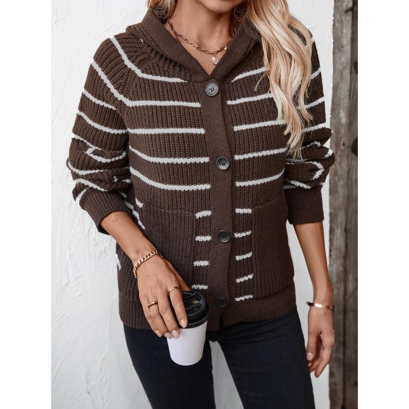 Women's Hooded Knitwear Fall/winter Loose Pocket Striped Cardigan Sweater
