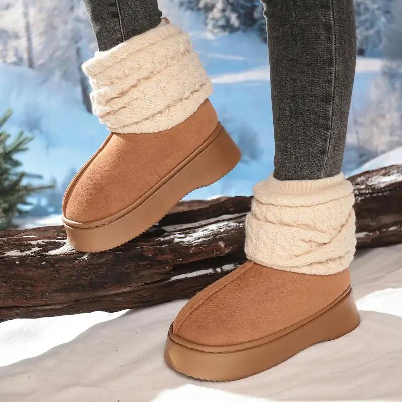Fashion Thick Bottom Warm Faux Fur Snow Boots Women 2025 Winter Knitted Leg Covers Flat Heel Ankle Boots Sweet Non Slip Winter Shoes