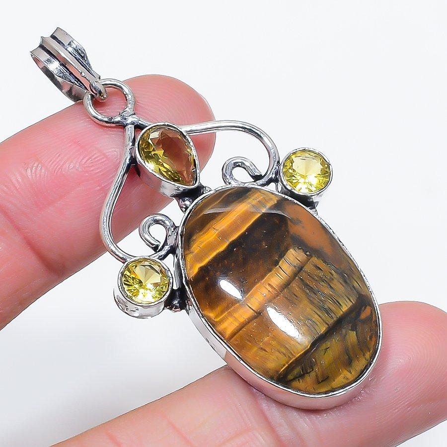 Natural Tiger Eye, Citrine 925 Sterling Silver Jewelry Pendant 2.36" I6L93