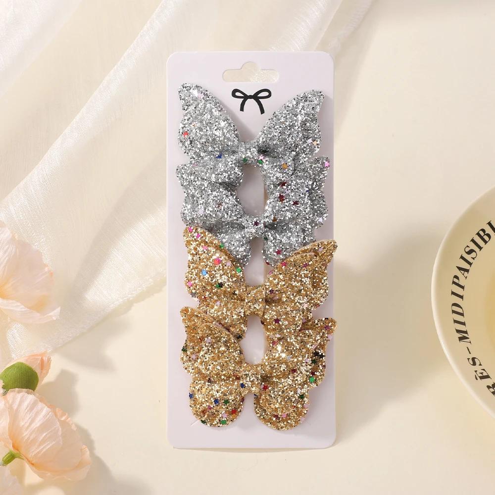 4Pcs/set Cute Sequins Double Butterfly Hair Bows Clip for Baby Girls Leather Kids Hairpins Barrettes Headwear Hair Acesssories