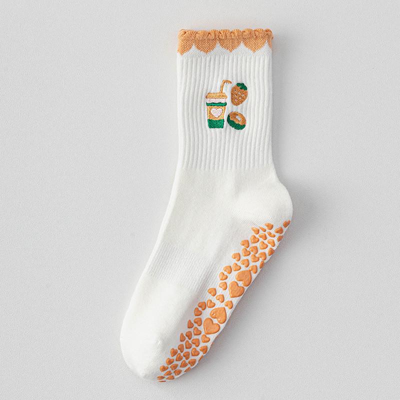 

Women Mid-Calf Non-Slip Yoga Socks Milk Tea Embroidery Professional Fitness Dance Floor Socks one size