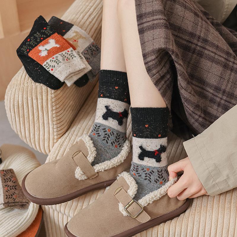 Vintage Fair Island Puppy Wool Socks Thickened Warm Tube Socks Stockings Stacking Socks Cute Plush Socks