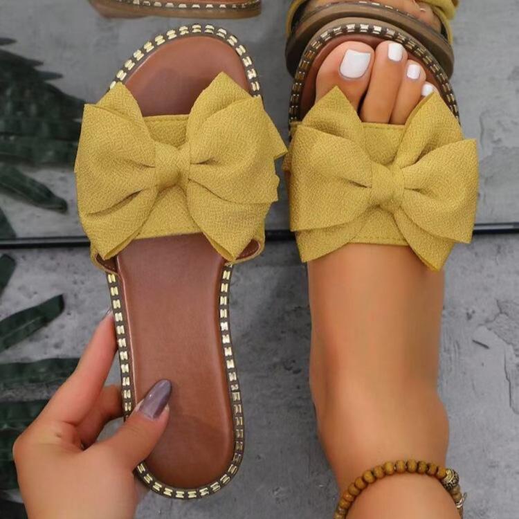 Plus Size Women's Flat Rhinestone Bow Slide Sandals - Lightweight Fabric Upper Solid Color Outdoor Casual Summer Shoes