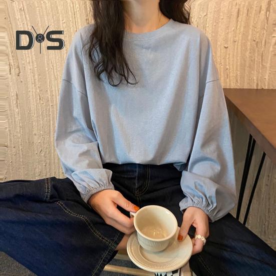 Women T-shirt Round Neck Lantern Long Sleeve Elastic Cuffs Tee Shirt Solid Color Loose Fit Pullover Tops Daily Wear