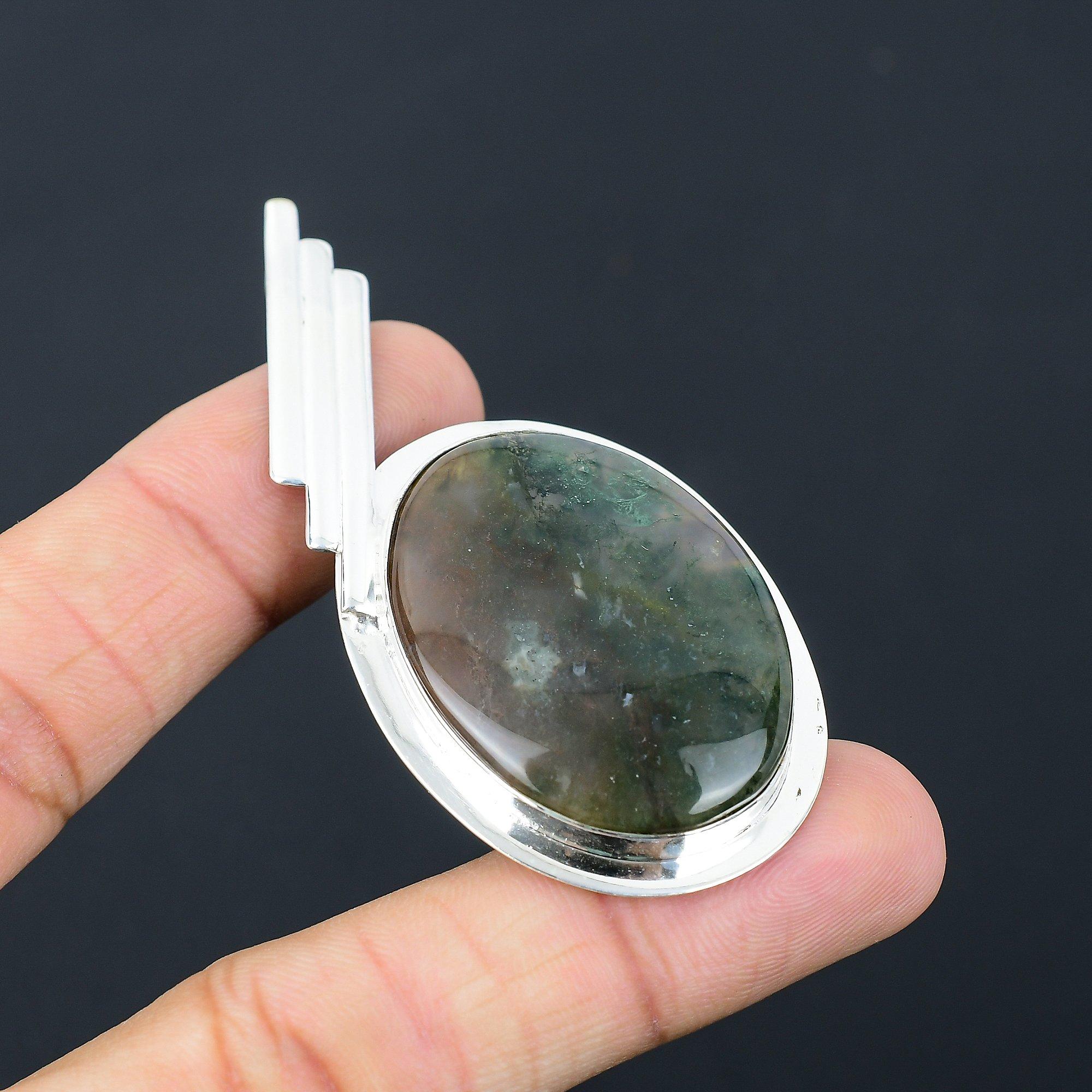 Серебро 925 пробы Овальный Натуральный Солнечный Моховой Агат Мать День Рождения Этнический Свадебный Кулон