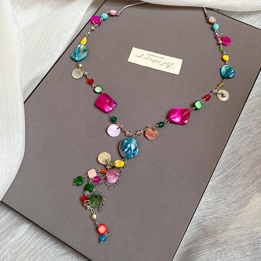 Summer dopamine stained glass crystal beaded necklace collarbone chain design sense niche item decoration