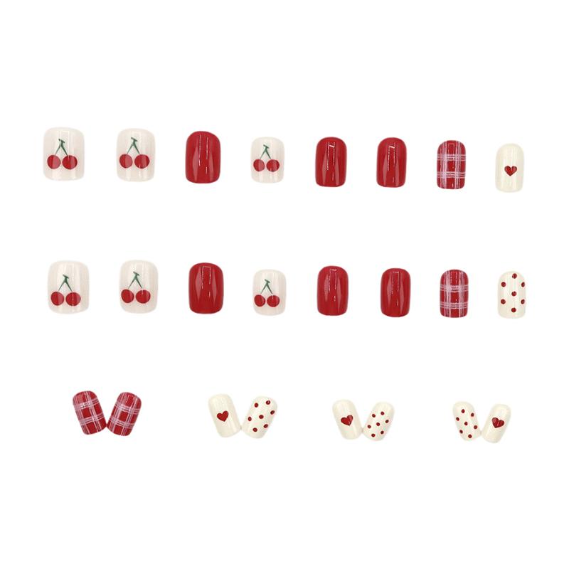 24Pcs Polka Dot Heart Check Cherry Short Square False Nails With Jelly Adhesive Detachable Full Cover Press On Artificial Nails