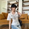 Summer New Letter Printing Slim V-neck T-shirt Women's Design Sense Short Sleeve Front Shoulder Students On the Clothes Trend