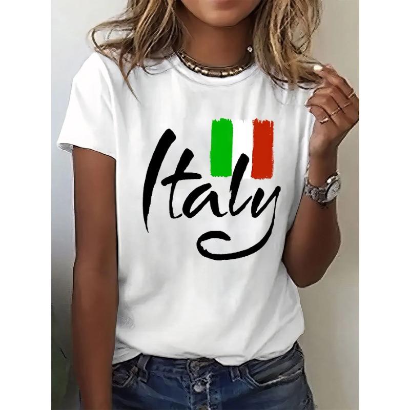 Short Sleeve Crown Letter Print Crew Neck T-Shirt for Spring & Summer Casual Women's Clothing