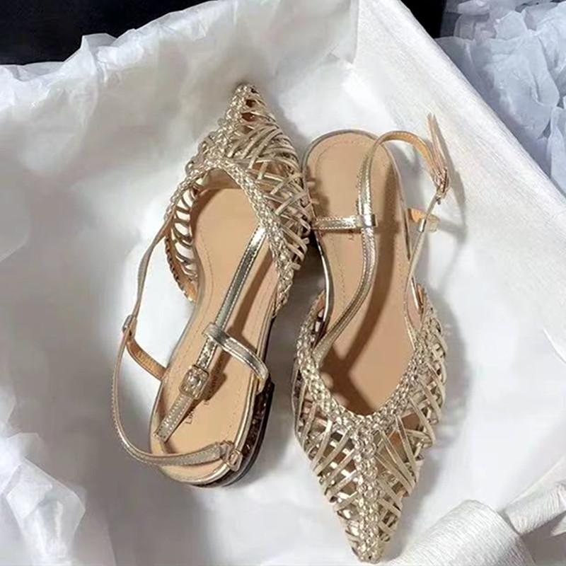 Fashion Elegant Green Openwork Woven Women Pumps Sexy Pointed Toe Square Heel Flat Sandals for Women Summer Fashion Comfort Beach Shoes