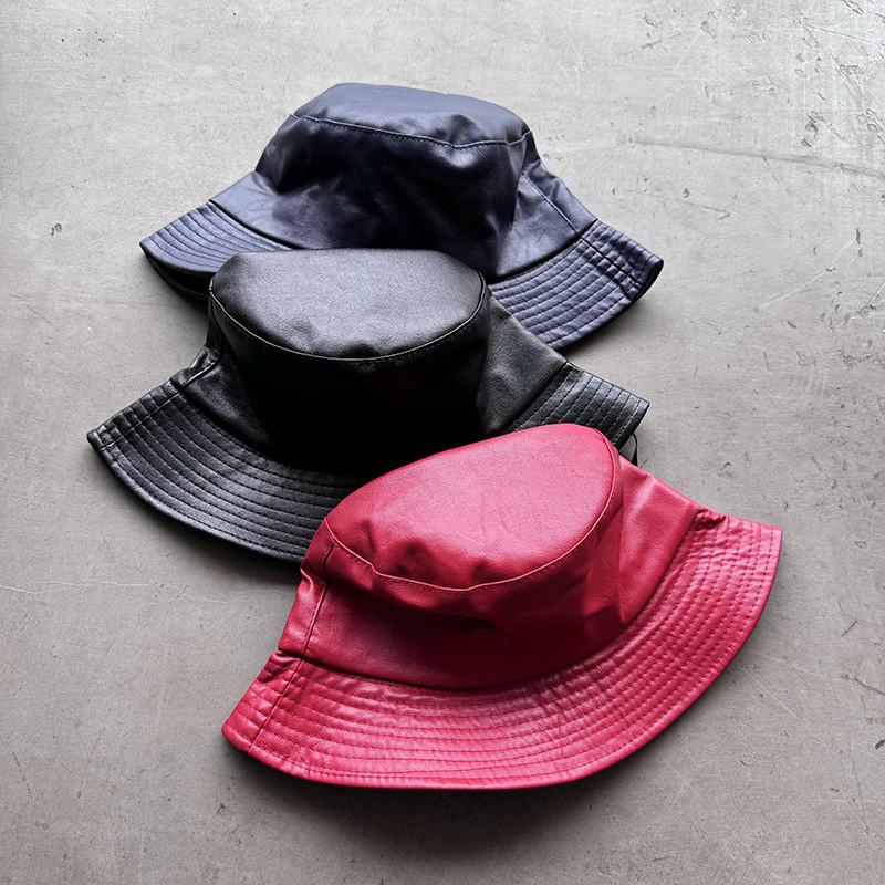 Vintage Pu Leather Bucket Hat With Wide Brim For Streetwear And Sun Protection