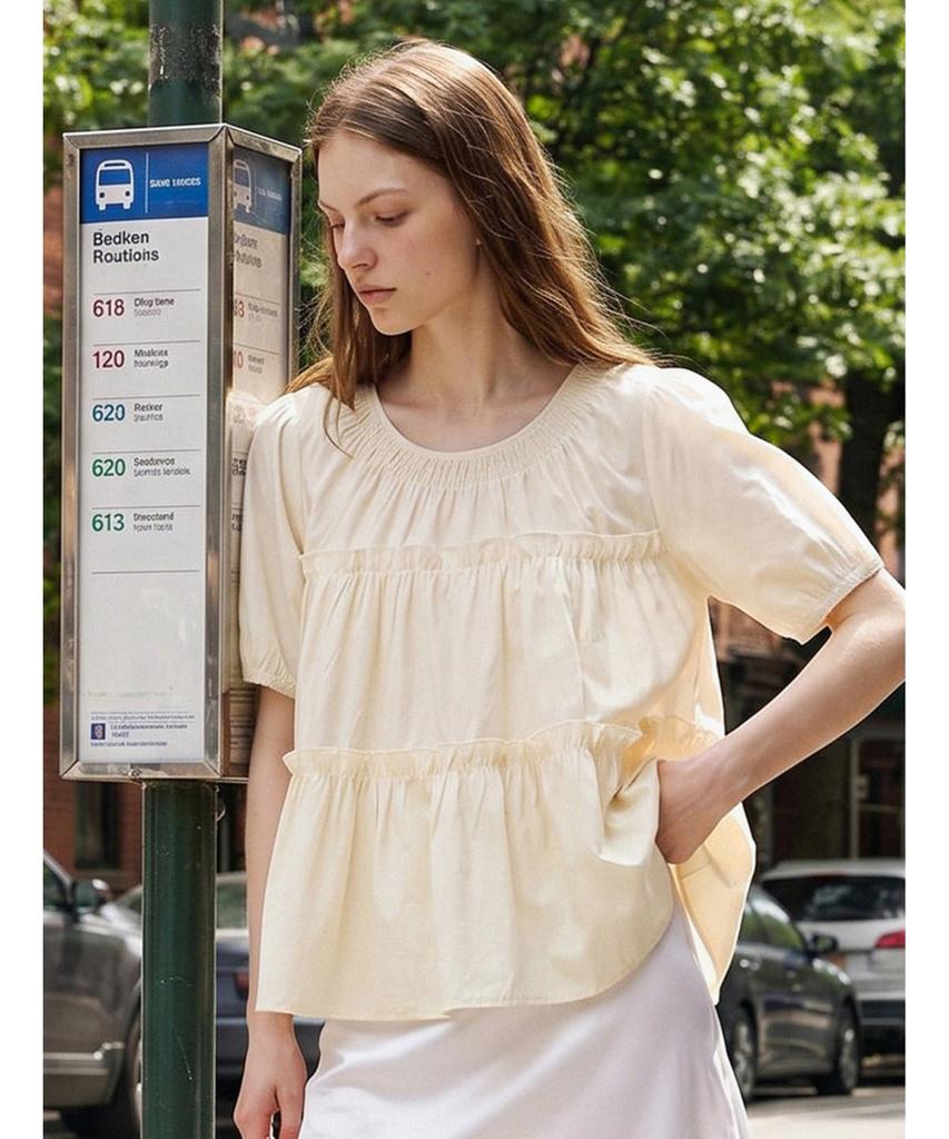 Poebeo21 Frill Line Back Button Short Sleeve Blouse (Ftdbbl021)
