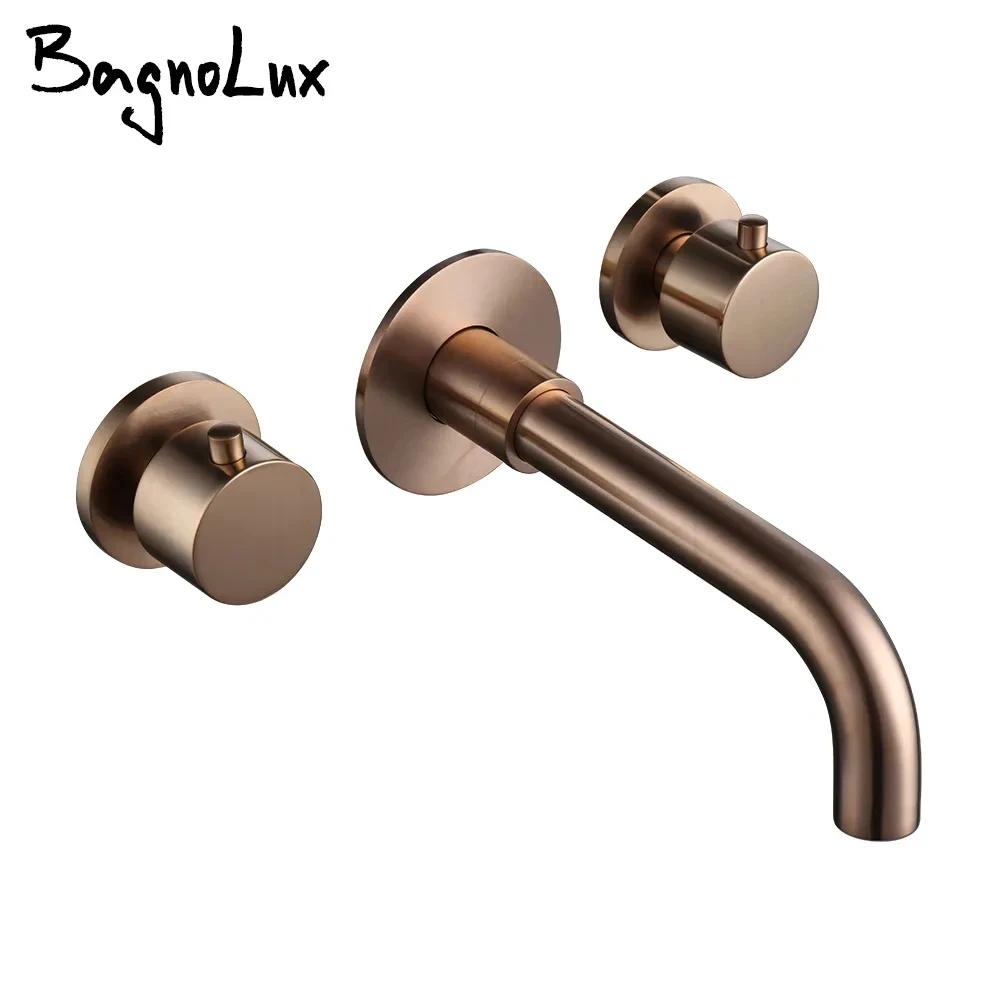 Brushed Rose Gold Basin Faucet 100% Solid Brass Sink Faucet Wall Mounted Brushed Gold Basin Mixer Hot And Cold Bathroom Tap