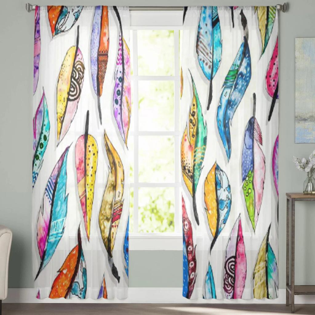 Colorful Feathers Sheer Curtains For Living Room Kids Bedroom Tulle Curtains Kitchen Window Treatment Drapes